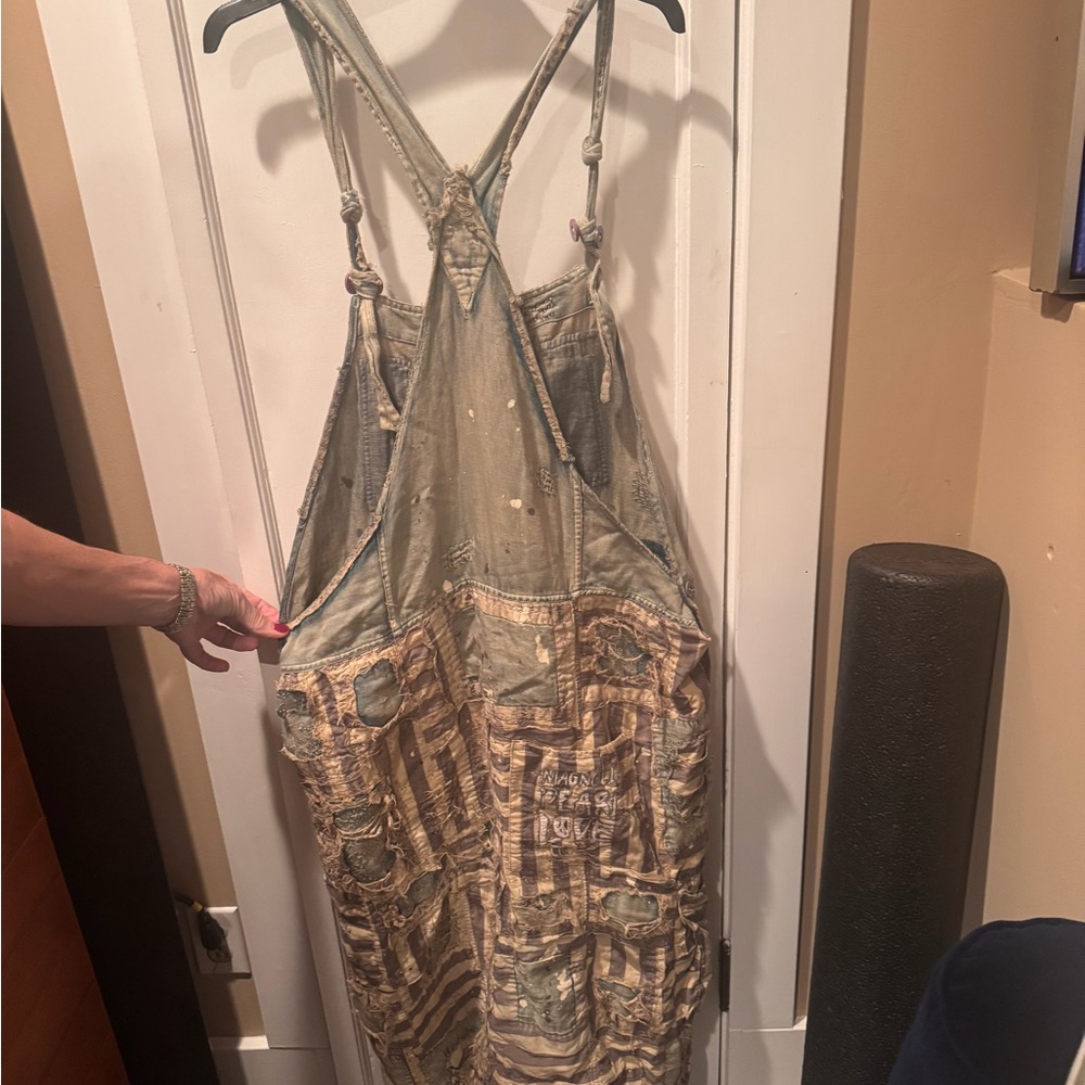 Magnolia Pearl Olive Green and Beige Striped Patchwork Overalls - Picture 2 of 2